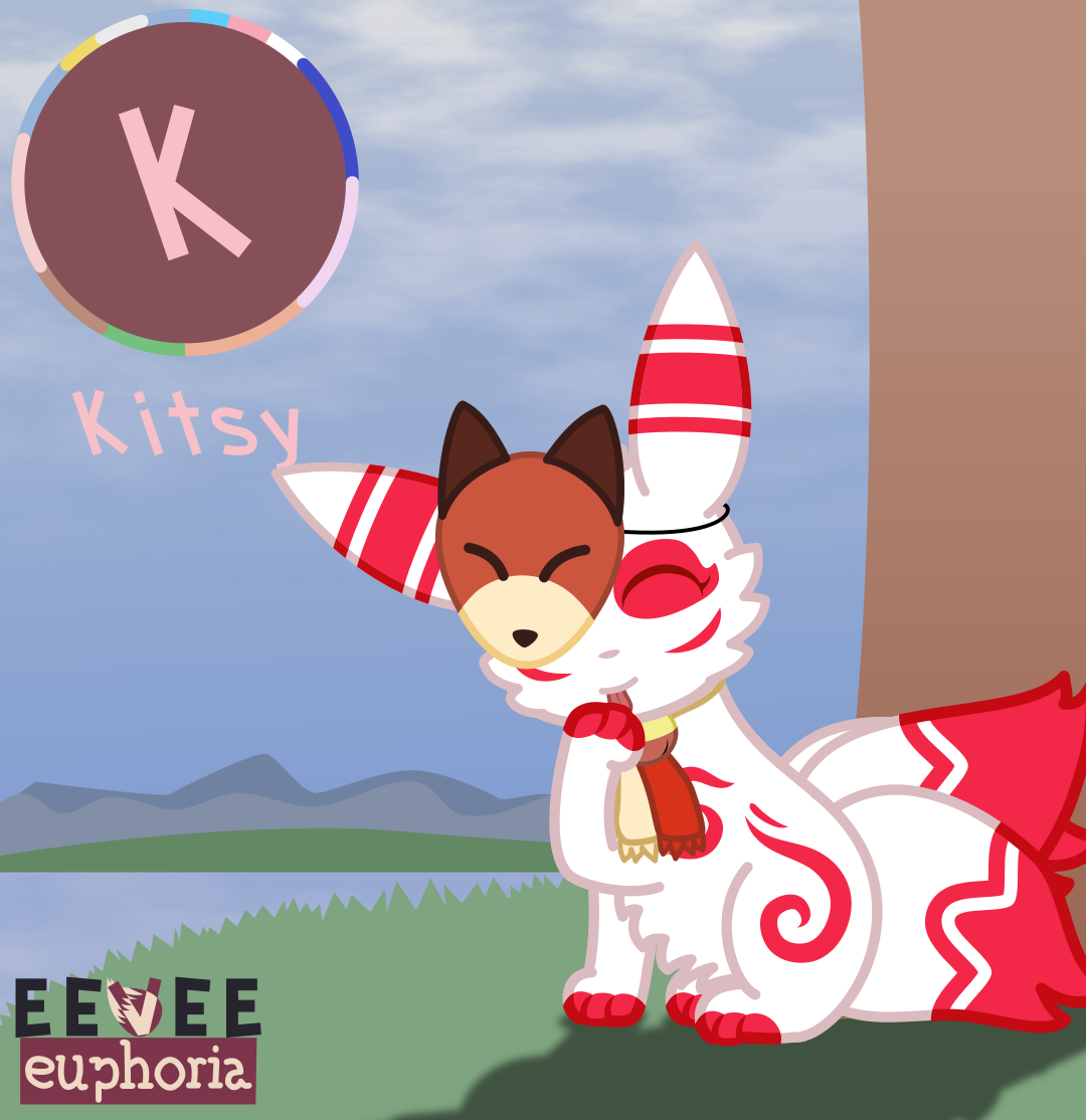 Kitsy, an umbreon with an kitsune-esque appearance. She's colored in white and red fur, and has a fox mask covering her right eye.