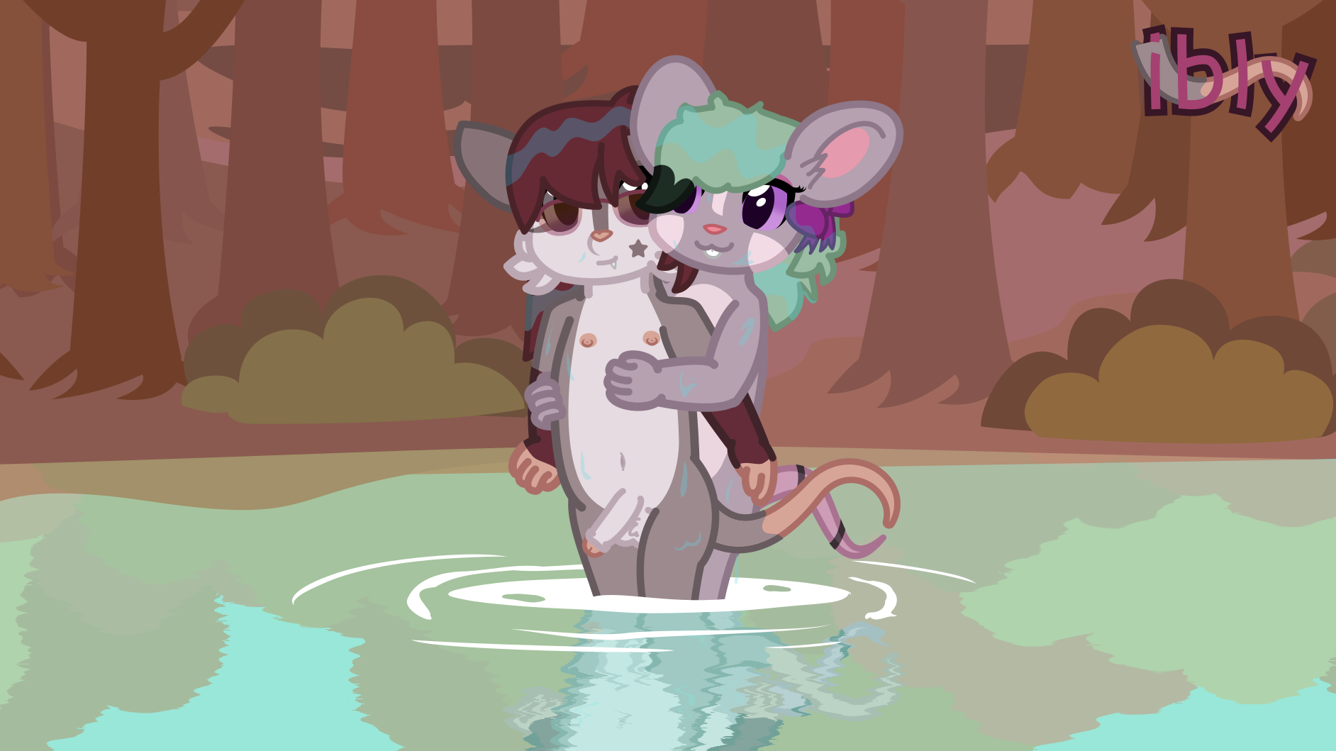 a possum and a mouse are in a lake, with the mouse plapping the possum from behind. the background is full of trees and bushes
