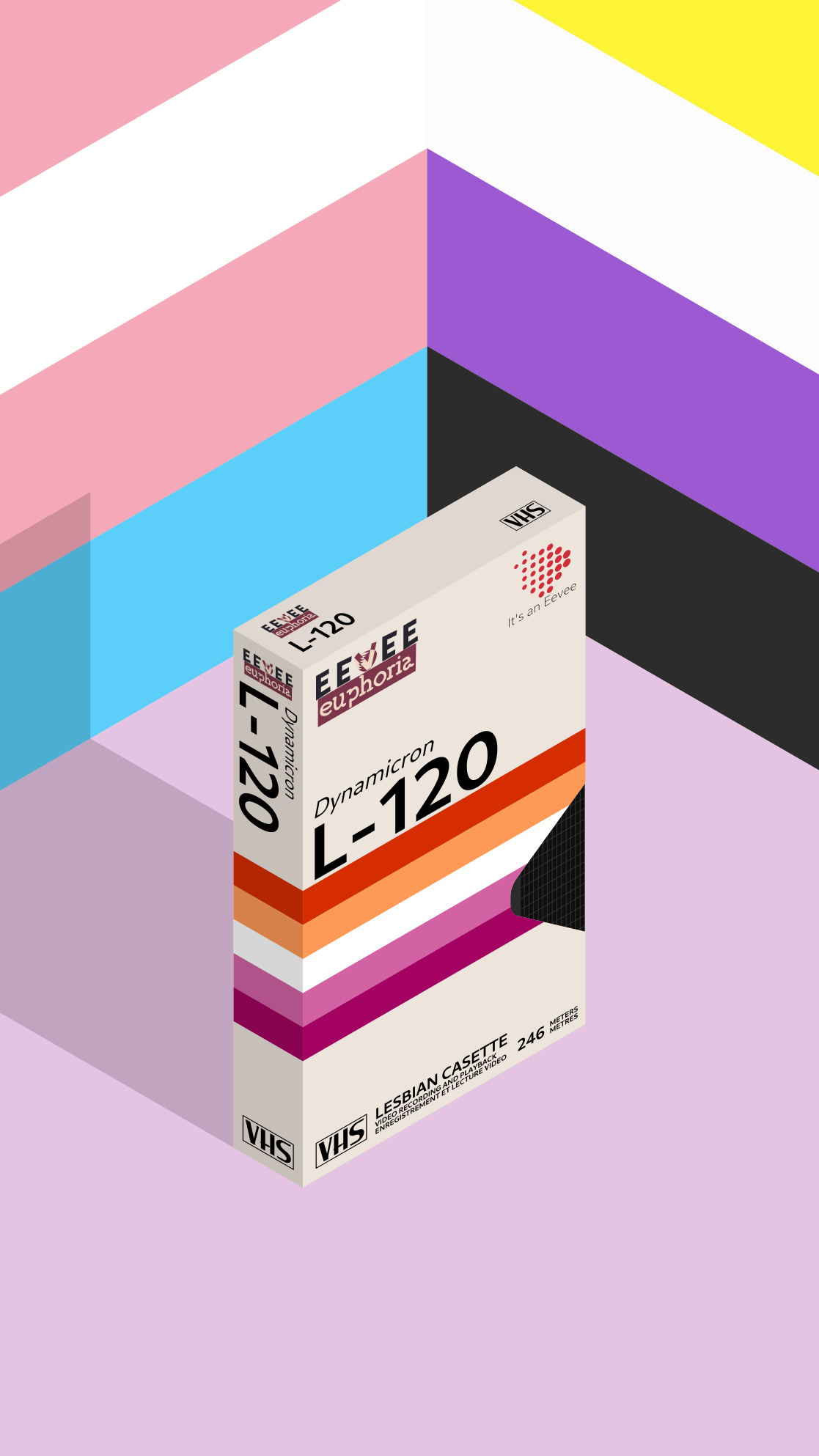 A VHS tape that resembles a familiar Dynamicron T-120 tape, but with a Lesbian flag instead of the colors used originally. The background also features a trans flag and non-binary flag.