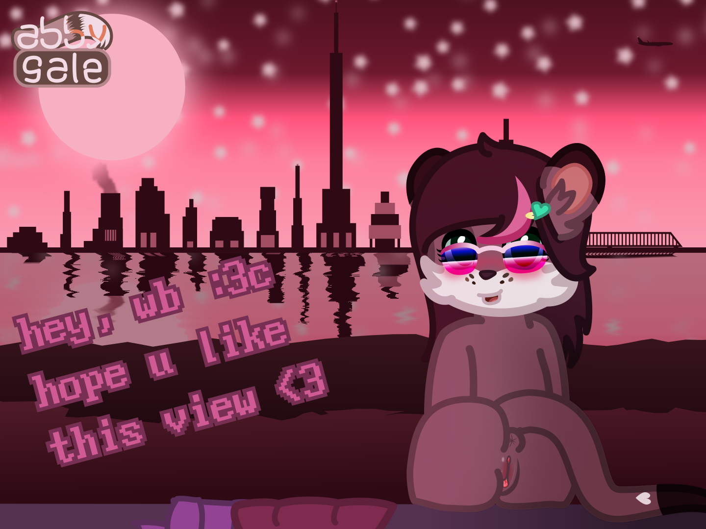 A very pink sunset against a distant city is shown, with a nude otter showing off her butt to you, saying 