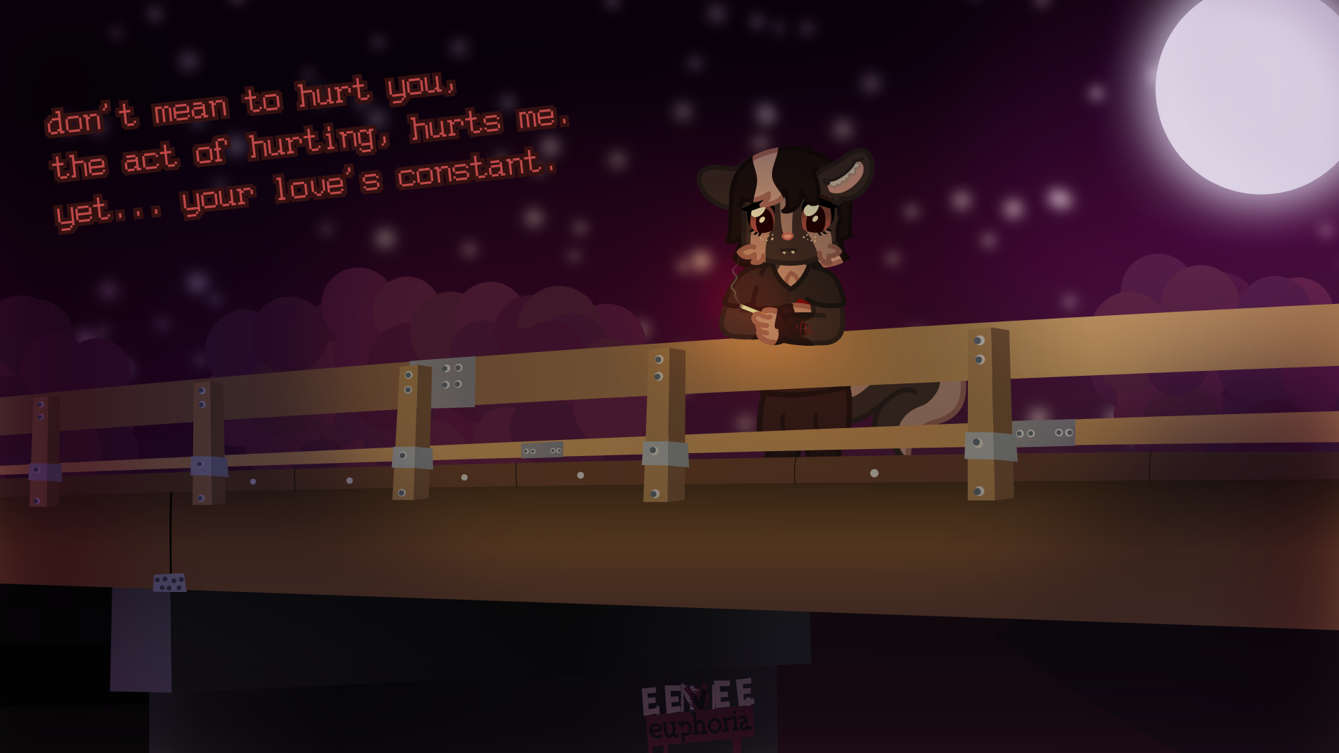 it's night-time, and an anthropomorphism skunk is leaning on the railing of a bridge, looking down below. in her hand is a lit cigarette, and she looks sad and concerned. top-left text says: don't mean to hurt you, the act of hurting, hurts me. yet... your love's constant.
