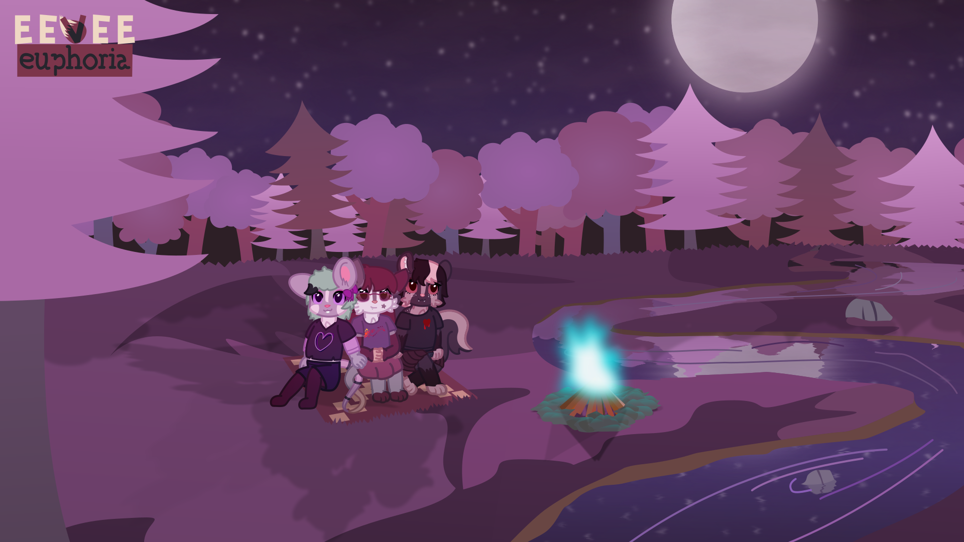 art showing an anthro mouse, anthro possum, and anthro skunk sitting in a forest at night. the grass is purple, and they are sitting next to a blue campfire