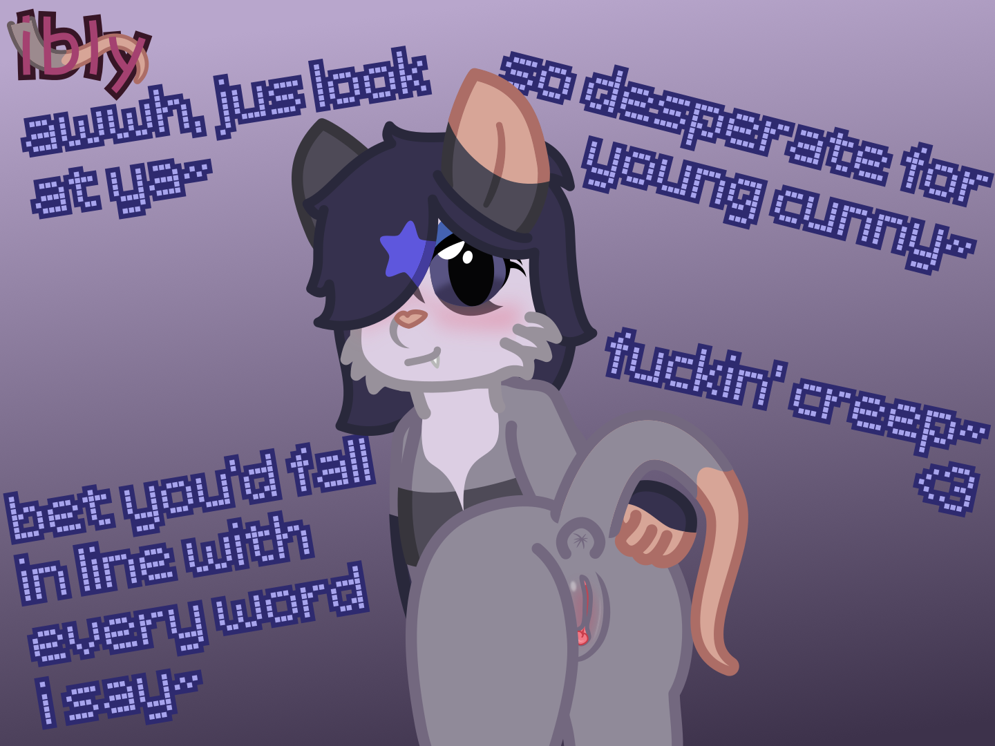 a tween possum looks down at you, while presenting her butt and pussy. there's various things she says: "awwwh, jus look at ya~", "so desperate for young cunny~", "fuckin' creep~ <3", "bet you'd fall in line with every word i say~" 
