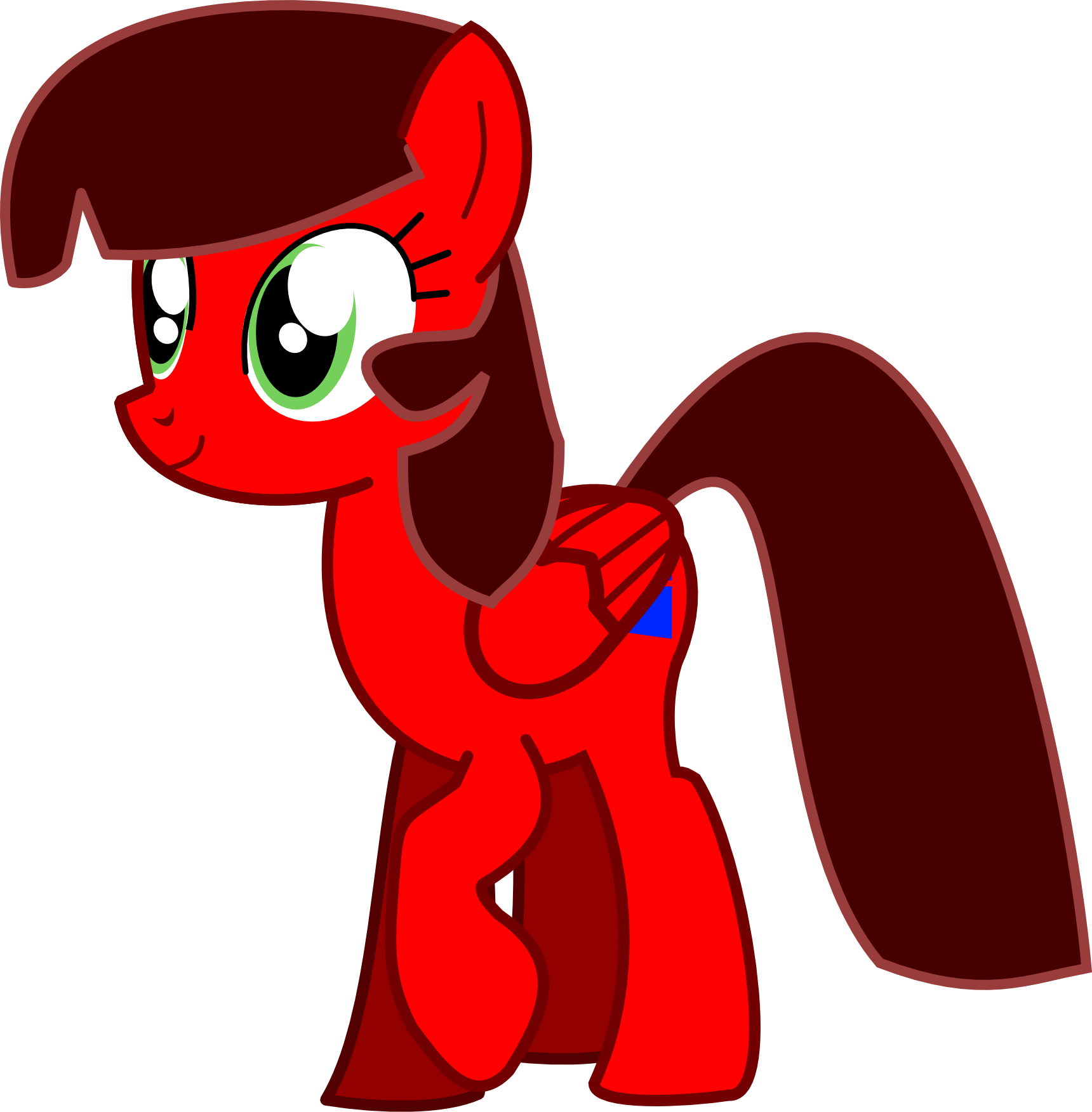 A red horse with green eyes looks off into nowhere. Her front left hoof is slight up off the ground. It's less obvious she's a twilight sparkle recolor, but not by much.