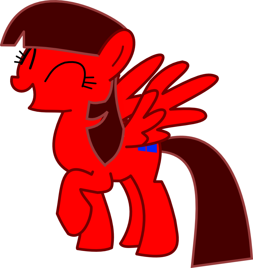 A bright red horse has her mouth open and her eyes closed, and her wings out. A familiar blue logo is her cutie mark.