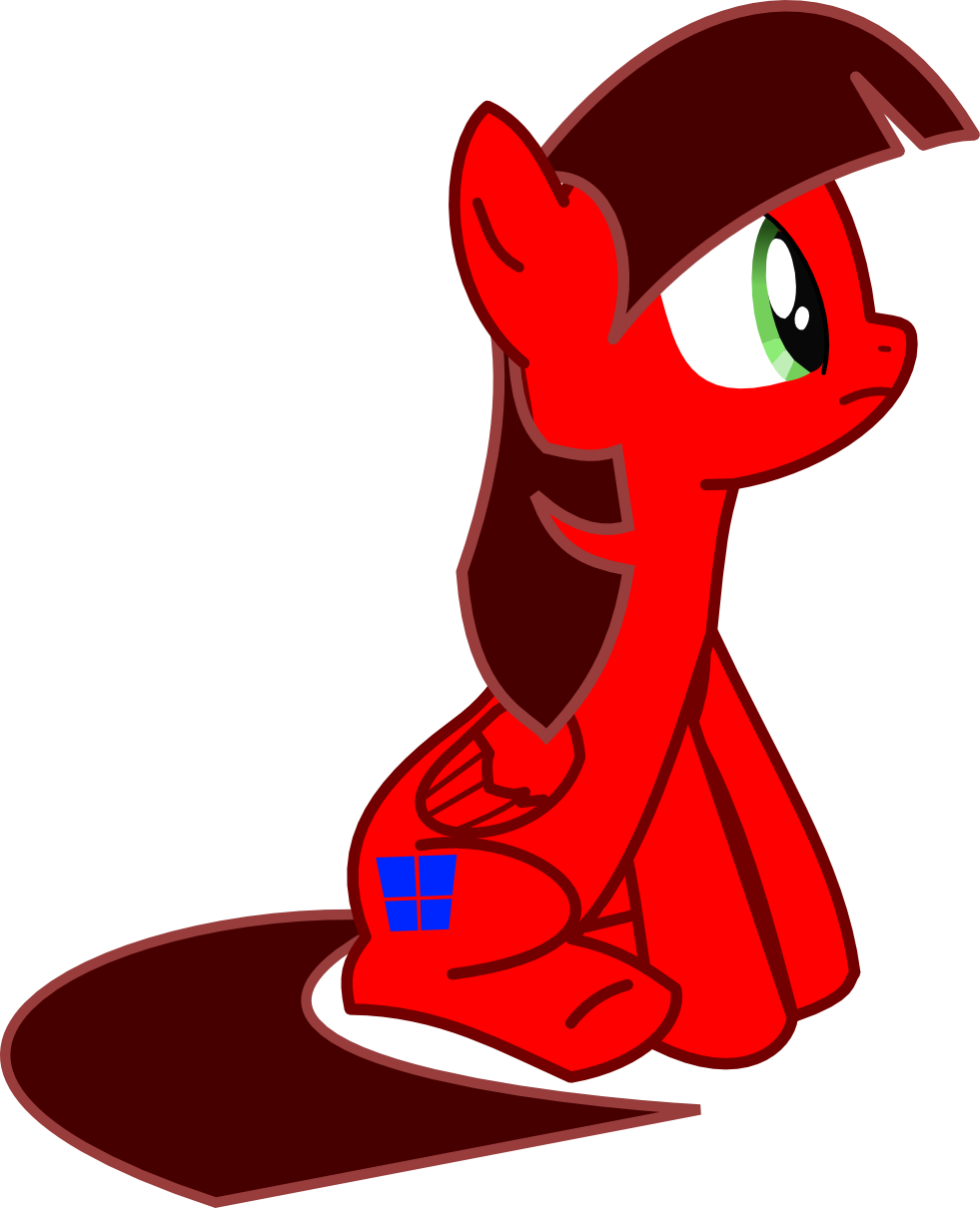 A red horse is peering to the right of her. It's very obvious her cutie mark is just the Windows 8 logo.