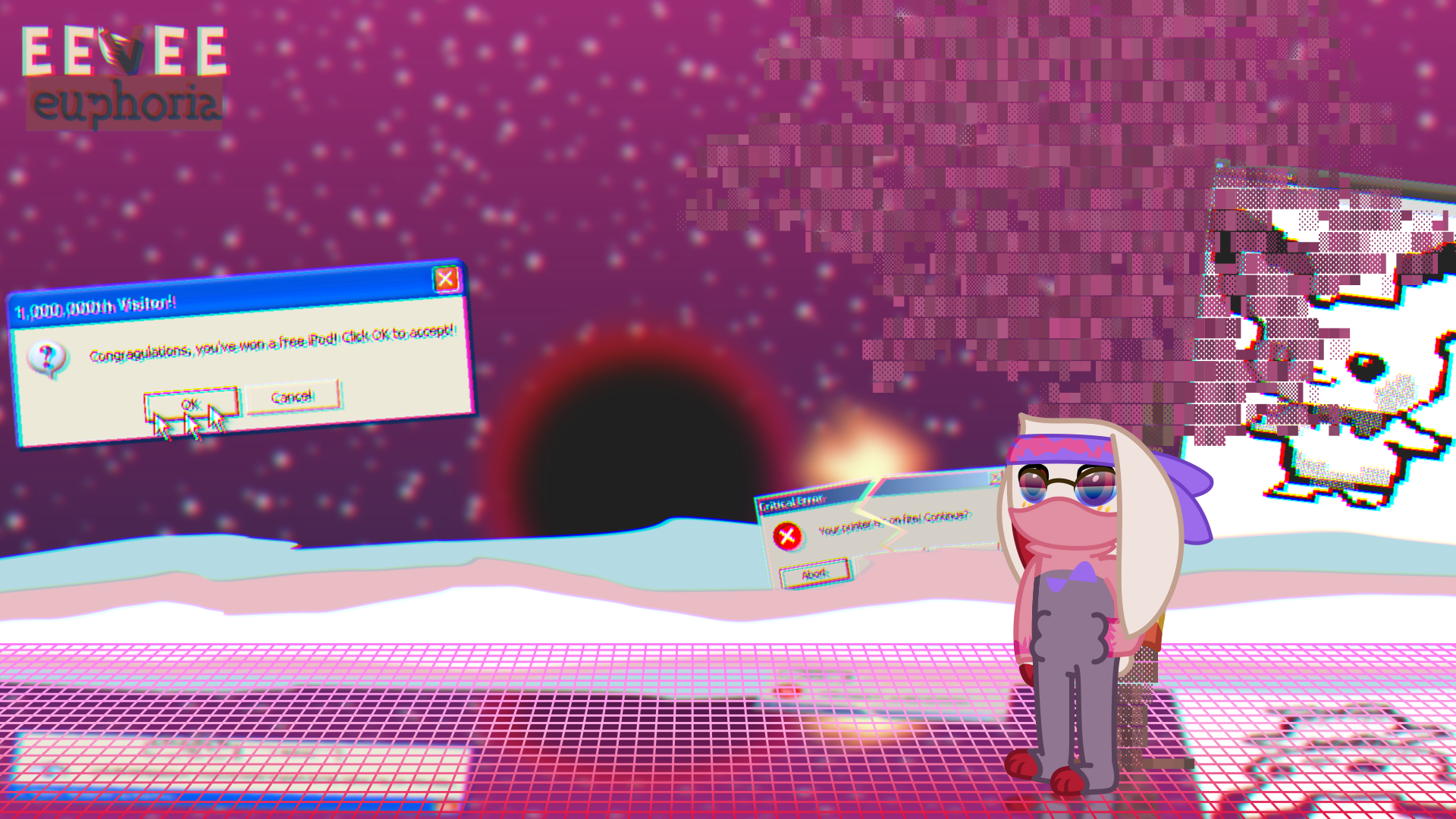A raboot is in a vaporwave background, with an ascii tree, an ascii pichu in a notepad, and a view error boxes in the background.