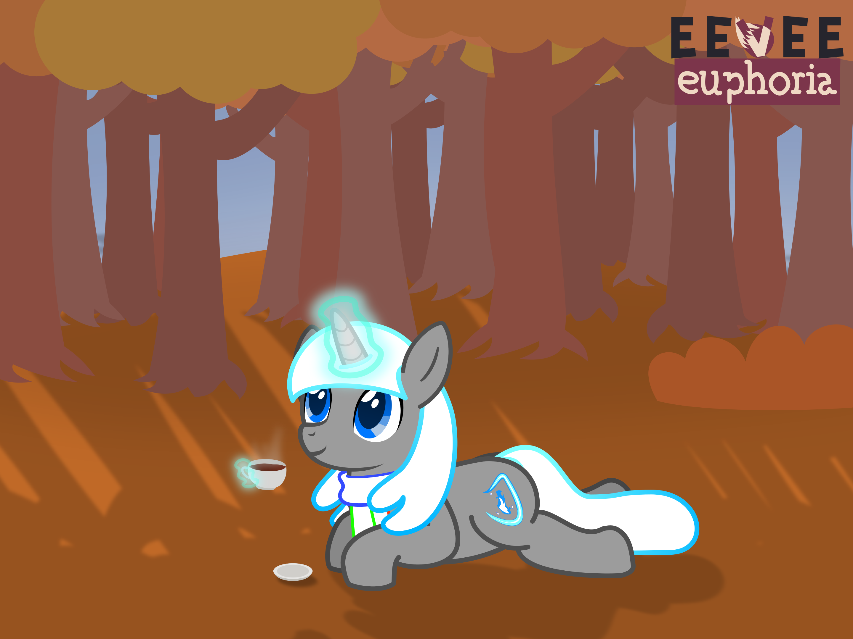 a pony with a white mane (that has a glowing cyan outline) is sitting in an autumny forest, magically holding a teacup next to her. she's looking up into the sky