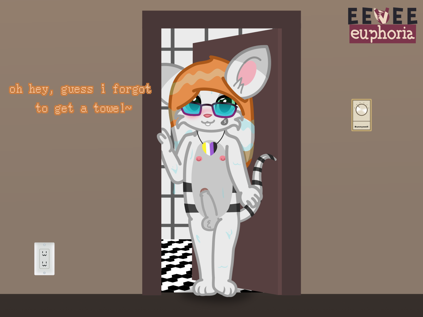 a naked anthro mouse stands in the doorway of a bathroom, very clearly soaking wet, with a very hard cock. she says 