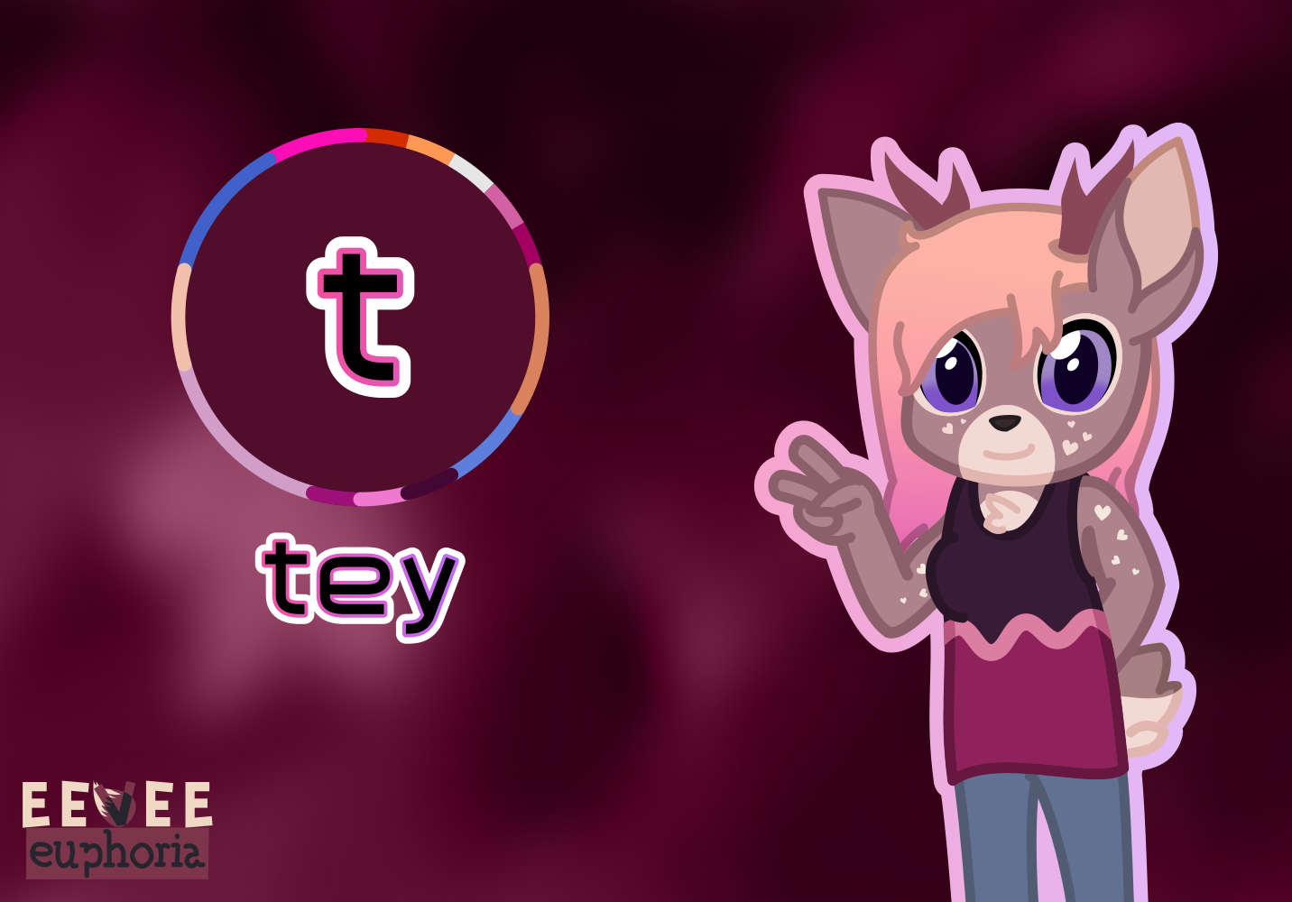 Tey, a deer with yellow-ish hair, holding a V-sign. She's in front of an abstract magenta-ish space background.