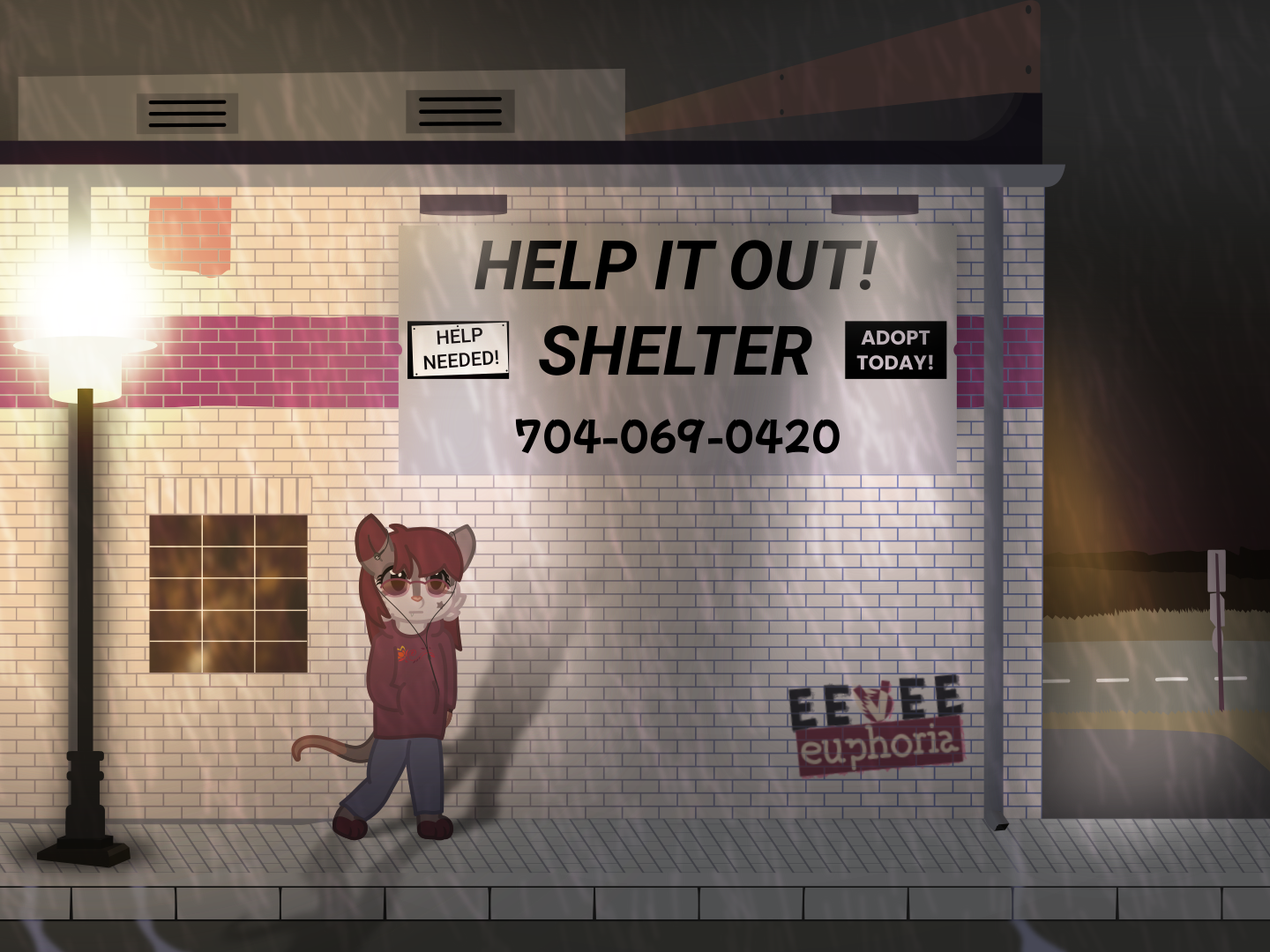 A possum is standing outside in the rain, looking up a sign that says HELP IT OUT! SHELTER, ADOPT TODAY!