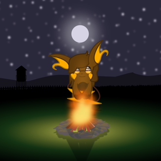 A raichu is sitting in front of a campfire, beneath a night sky, and a... (continued inside the page) 