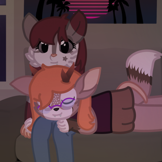 Two girls are on a couch, the opossum is sitting, and the deerfox has ... (continued inside the page) 