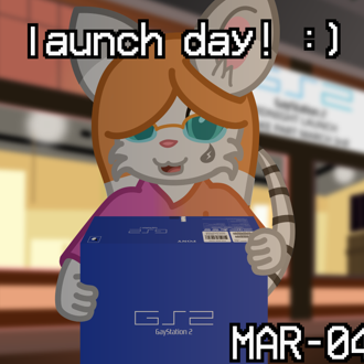 A mouse holding a box with the label of GS2. There's text saying 'laun... (continued inside the page) 