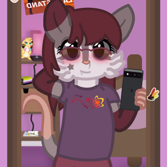A gay possum is taking a selfie in the mirror, she's wearing red thigh... (continued inside the page) 
