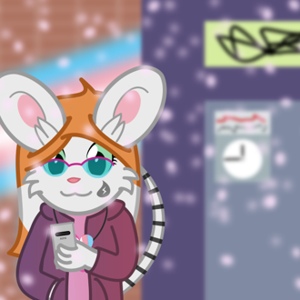 Jenny is holding her phone out in the middle of a wintery city. In the... (continued inside the page) 