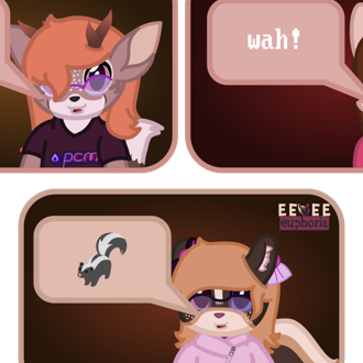 A deerfox says nya, a red panda says wah, and a skunk says the skunk e... (continued inside the page) 