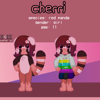 reference sheet for cherri, a 11 y/o red panda girl. shown is a creatu... (continued inside the page) 