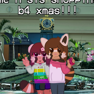 two red panda sisters are standing in front of the center of a mall, w... (continued inside the page) 