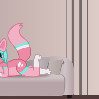 a pink cat w/ neon-ish cyan hair is sitting on the couch, looking at y... (continued inside the page) 