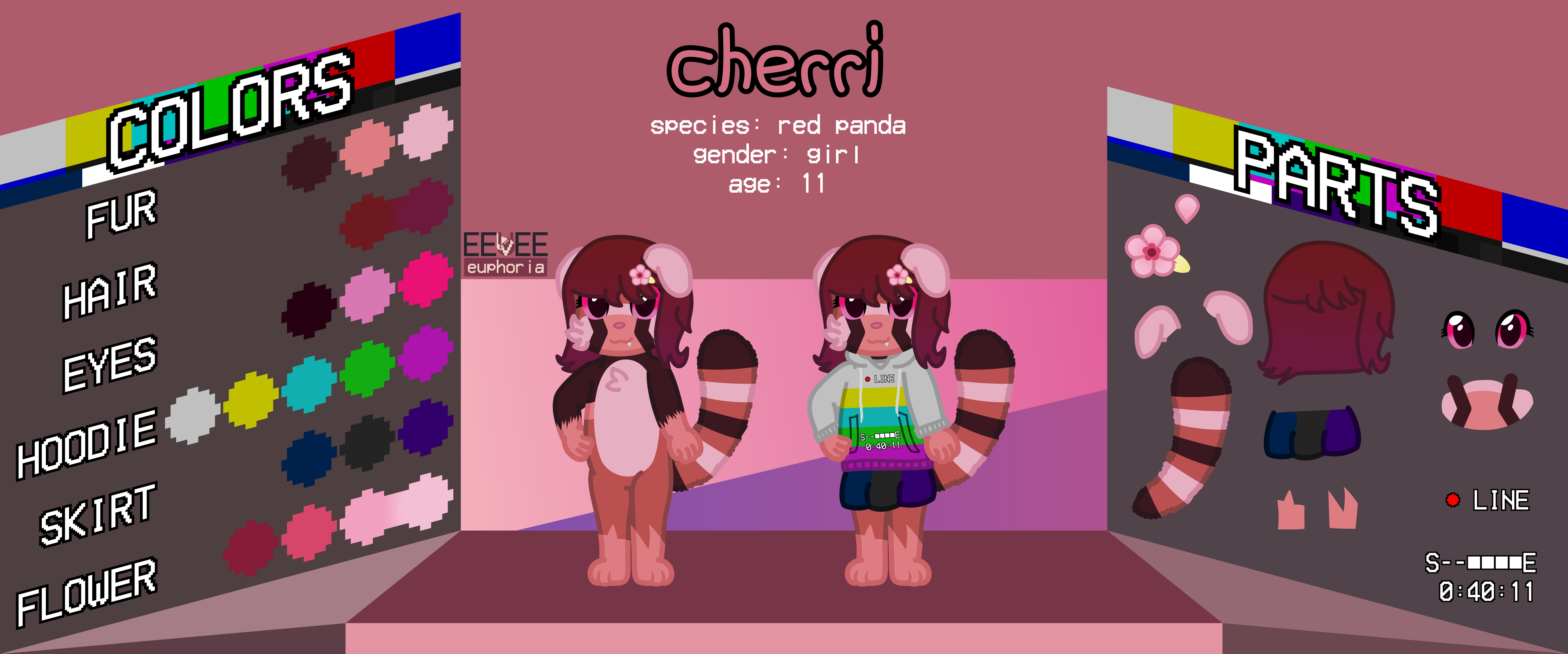 reference sheet for cherri, a 11 y/o red panda girl. shown is a creature wearing a hoodie reminiscent of the NTSC test pattern colors, and a skirt with some more of those colors. to the left is a version w/o clothes.