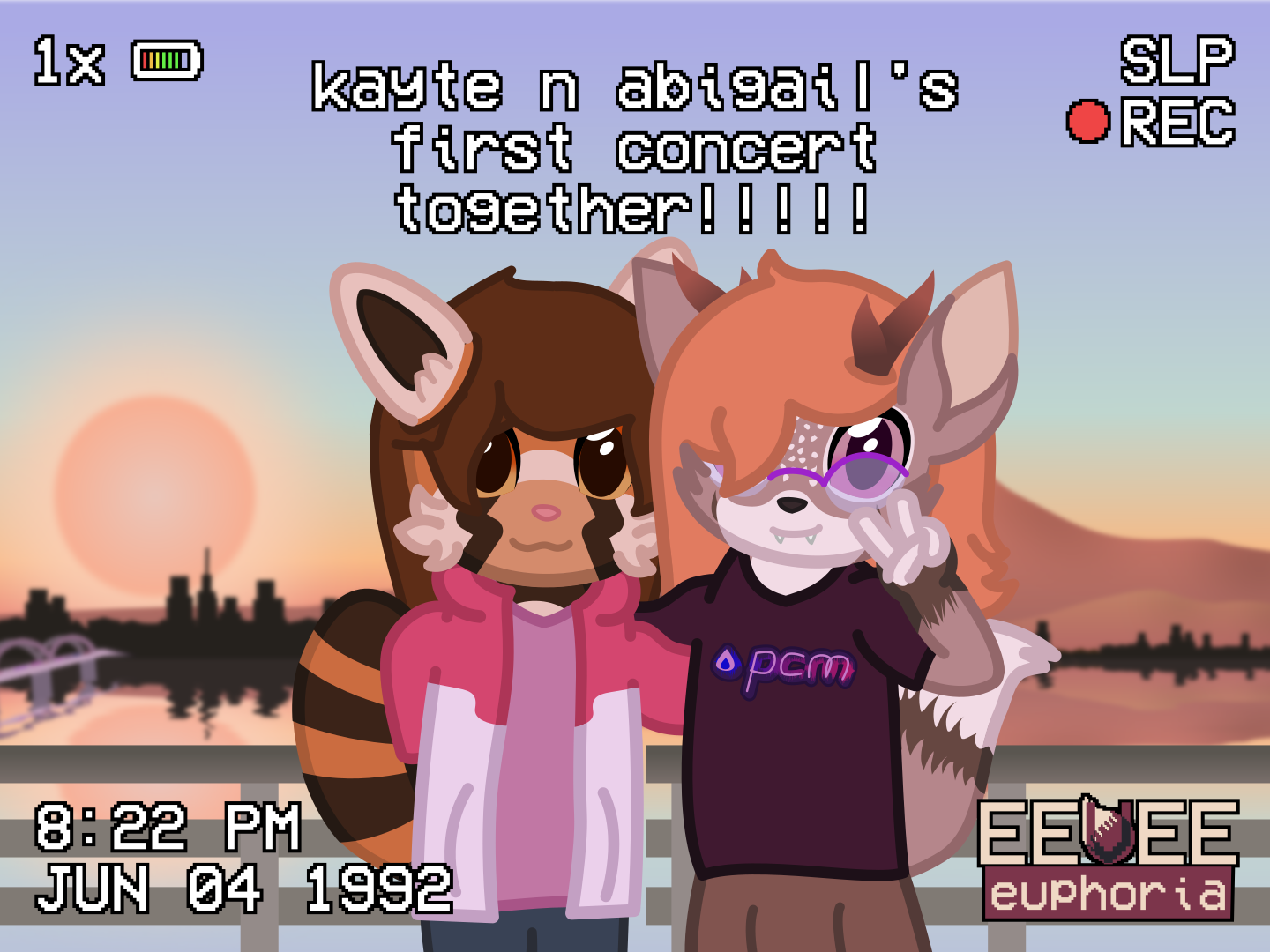 a deerfox and a red panda are shown looking at the viewer, with text saying: kayte n abigail's first concert together!!!!