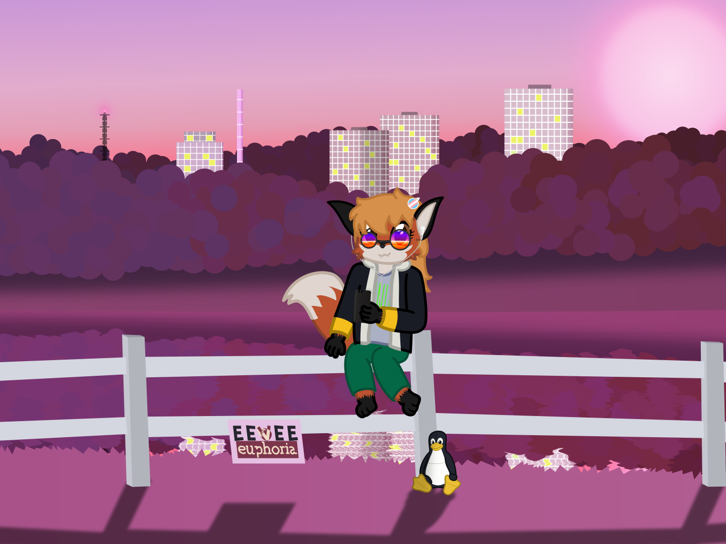 xenia is sitting on a fence, with a tux plushie leaning against the fence. behind her is a lake that leads into a forest, behind which is a series of buildings. the sun is purple, and the grass is also purple.