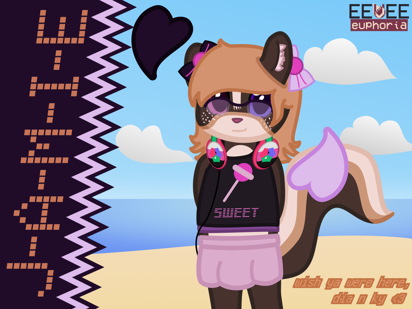 a skunk standing on a beach, looking at the viewer. she is wearing a shirt that simply says 