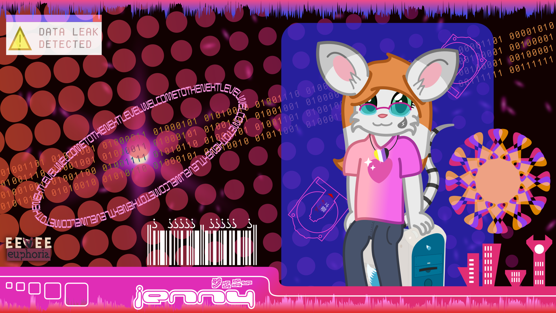 Jenny, a mouse, sitting on-top of a computer, with a Y2K background.