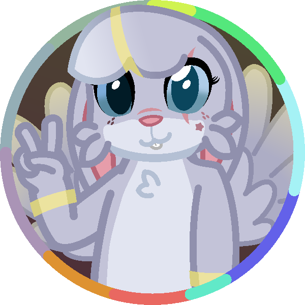 An image of a bunny giving a peace sign, as her wings are flared out,