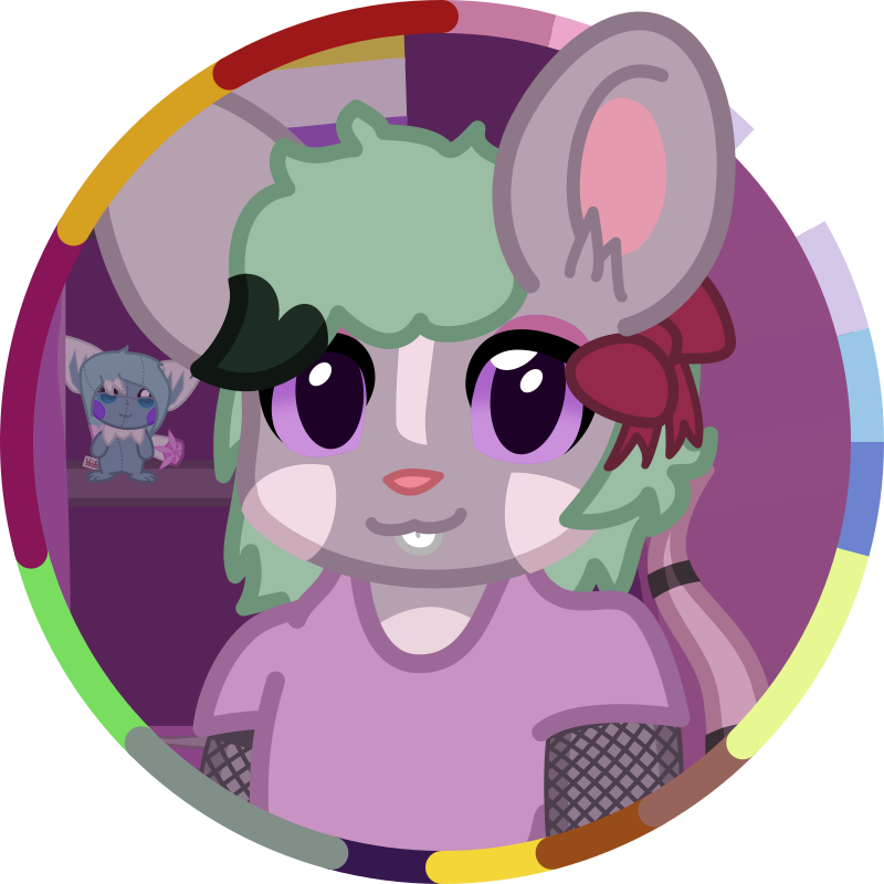 A cute lil mouse is looking right at you, with a slight smirk on her face. She has fishnet armsleeves, green hair, and a cute lil red ribbon on her hair.